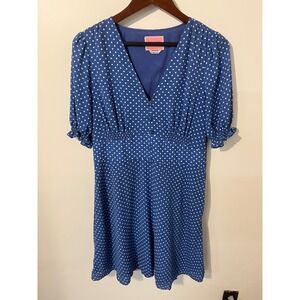 Kate Spade Blue Polka Dot V-Neck Mini Dress Puff Sleeve Smocked Back Size 12